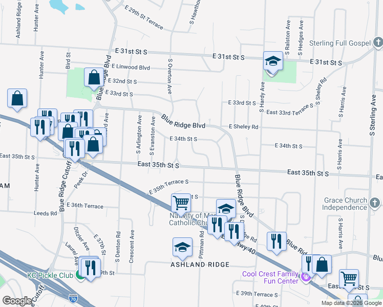 map of restaurants, bars, coffee shops, grocery stores, and more near 3408 South Home Avenue in Independence