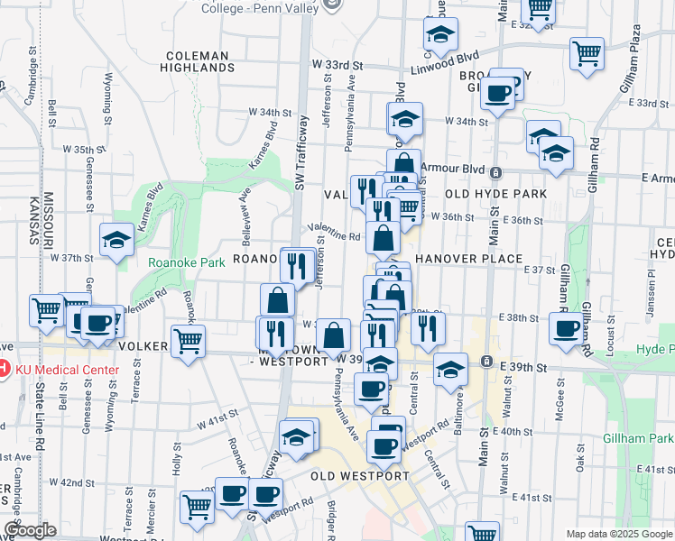 map of restaurants, bars, coffee shops, grocery stores, and more near 3632 Pennsylvania Avenue in Kansas City