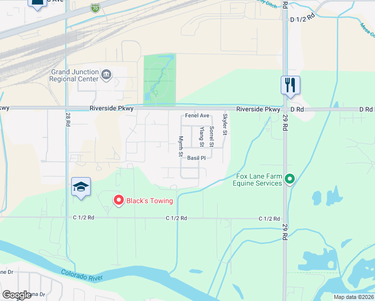map of restaurants, bars, coffee shops, grocery stores, and more near 2853 Mason Drive in Grand Junction