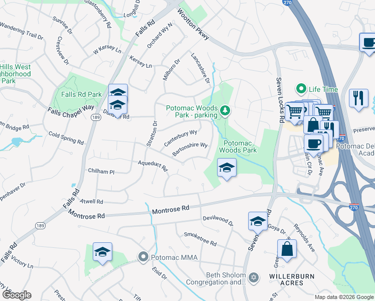 map of restaurants, bars, coffee shops, grocery stores, and more near 1288 Bartonshire Way in Potomac