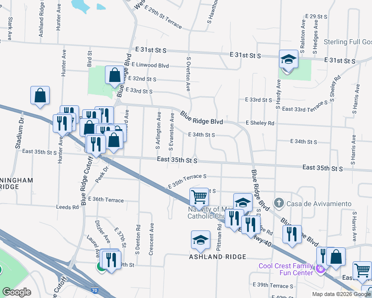 map of restaurants, bars, coffee shops, grocery stores, and more near 3411 Overton Terrace in Independence