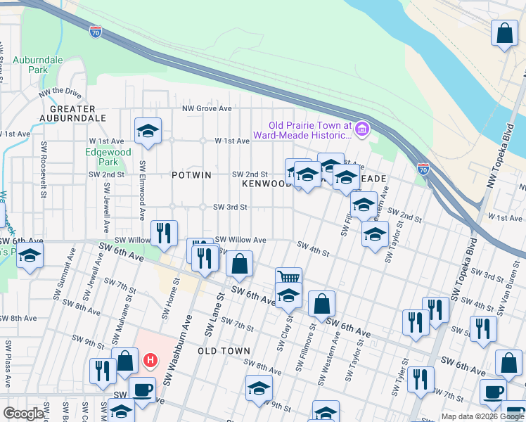 map of restaurants, bars, coffee shops, grocery stores, and more near 1311 SW 3rd St in Topeka