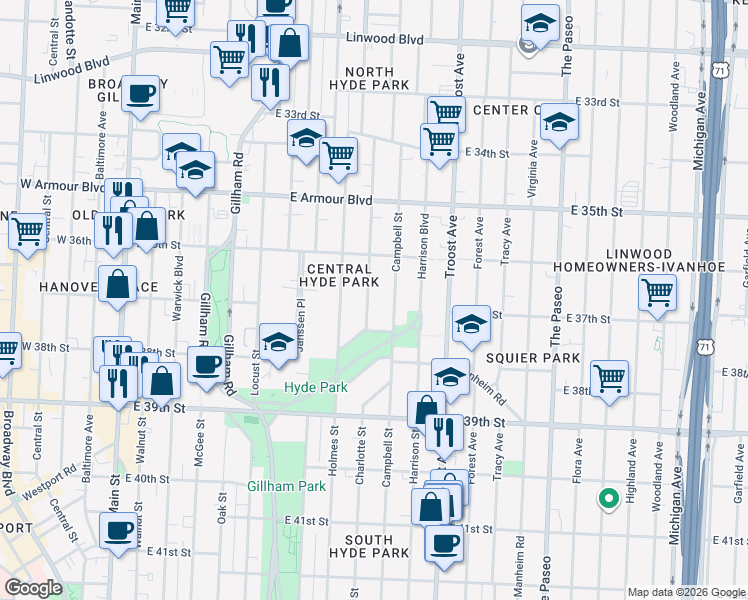 map of restaurants, bars, coffee shops, grocery stores, and more near 3639 Charlotte Street in Kansas City