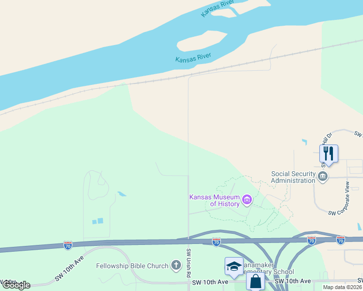 map of restaurants, bars, coffee shops, grocery stores, and more near 201-299 Southwest Urish Road in Topeka