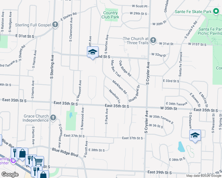 map of restaurants, bars, coffee shops, grocery stores, and more near 12000 Newbury Lane in Independence