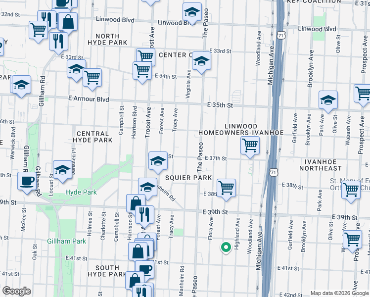 map of restaurants, bars, coffee shops, grocery stores, and more near 3637 Tracy Avenue in Kansas City