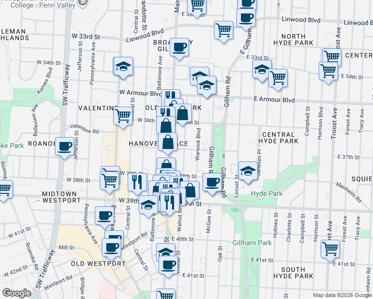 map of restaurants, bars, coffee shops, grocery stores, and more near 3702 East 37th Street in Kansas City