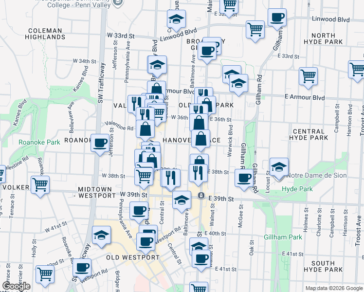 map of restaurants, bars, coffee shops, grocery stores, and more near 219 West 37th Street in Kansas City