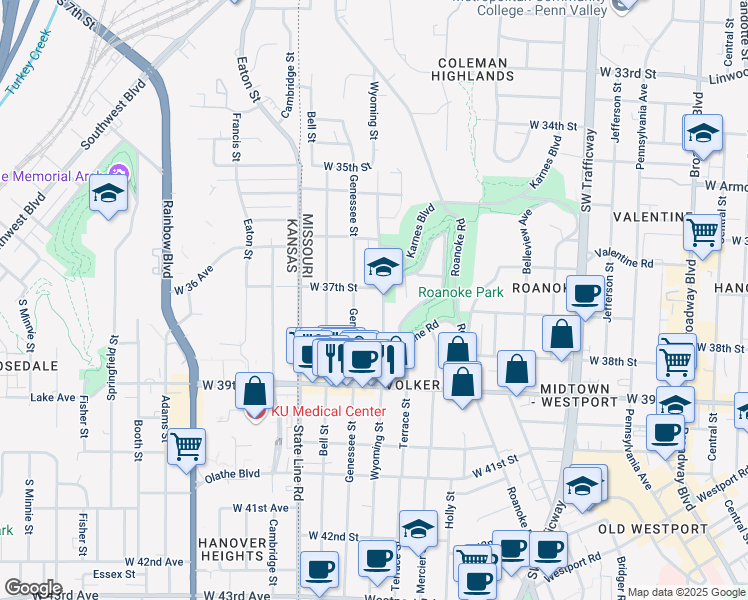 map of restaurants, bars, coffee shops, grocery stores, and more near 3719 Wyoming Street in Kansas City