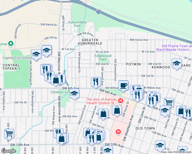 map of restaurants, bars, coffee shops, grocery stores, and more near 402 SW Lindenwood Ave in Topeka