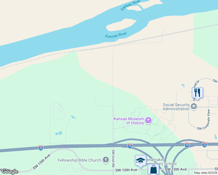 map of restaurants, bars, coffee shops, grocery stores, and more near 201-299 Southwest Urish Road in Topeka