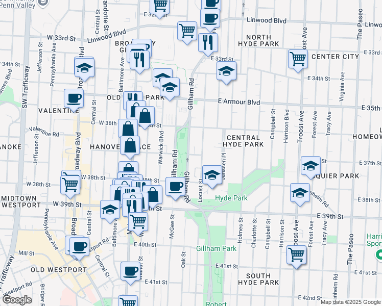 map of restaurants, bars, coffee shops, grocery stores, and more near 400 East 37th Street in Kansas City