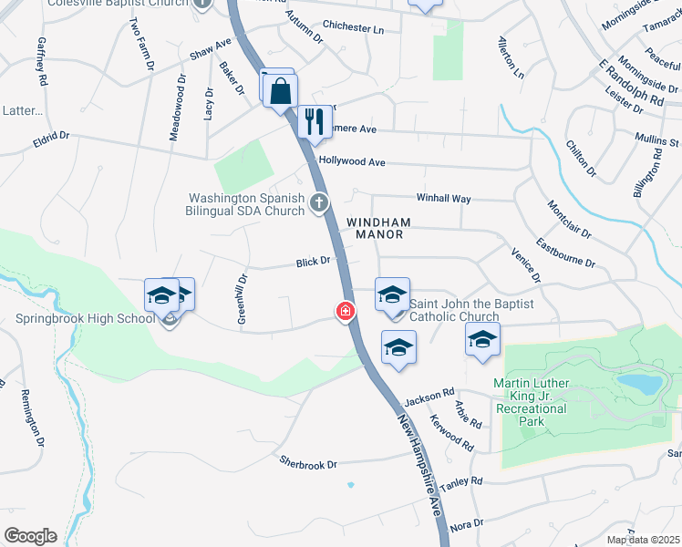 map of restaurants, bars, coffee shops, grocery stores, and more near 12422 Maryland 650 in Colesville