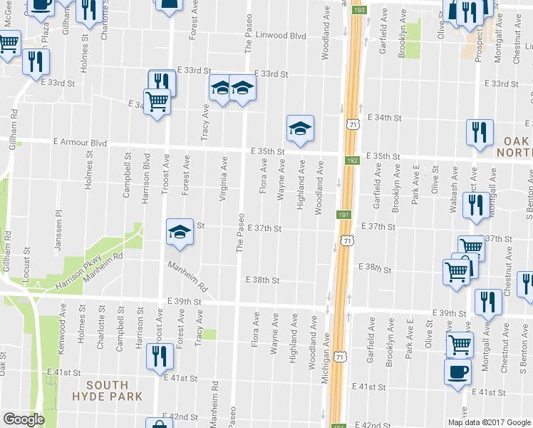 map of restaurants, bars, coffee shops, grocery stores, and more near 3629 Flora Avenue in Kansas City