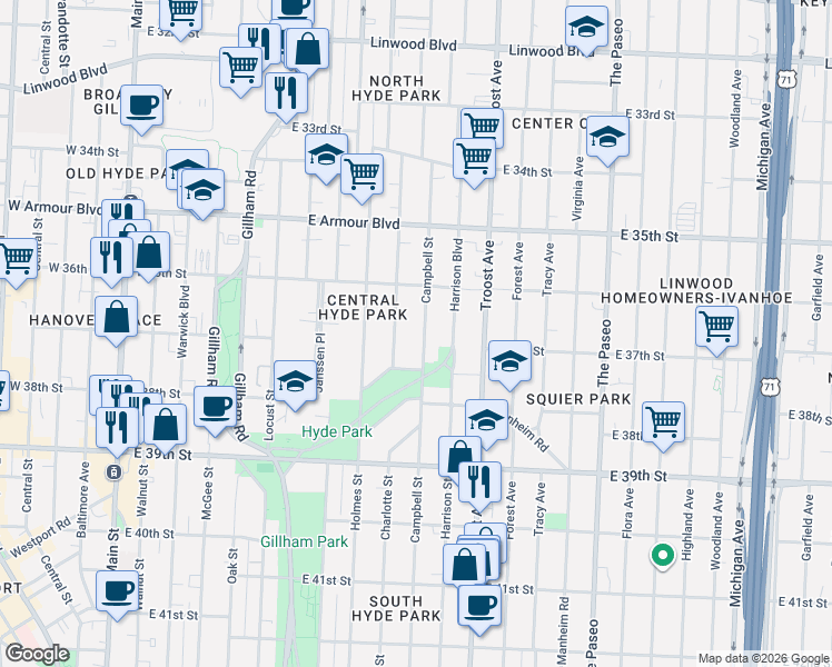 map of restaurants, bars, coffee shops, grocery stores, and more near 3639 Charlotte Street in Kansas City