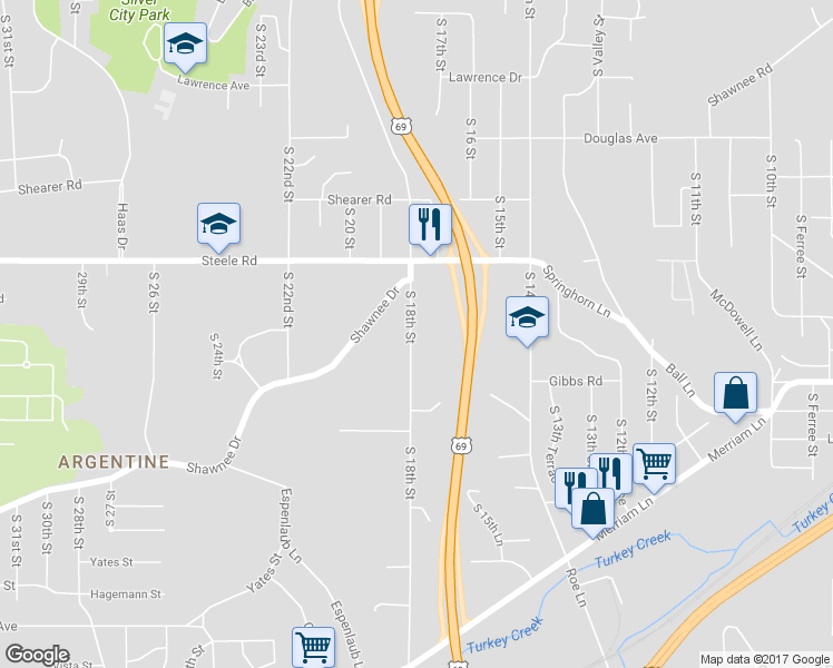 map of restaurants, bars, coffee shops, grocery stores, and more near 2217 South 18th Street in Kansas City