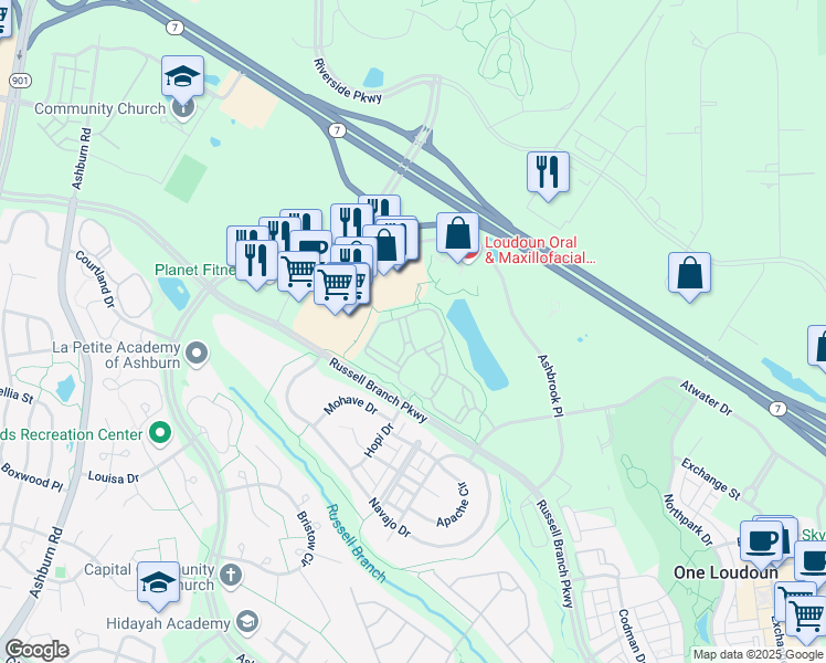 map of restaurants, bars, coffee shops, grocery stores, and more near 20015 Silver Creek Terrace in Ashburn