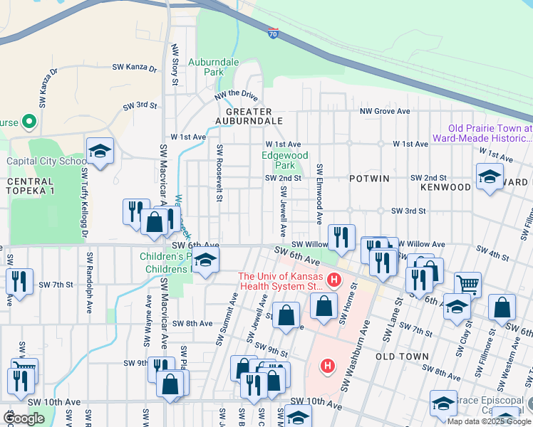 map of restaurants, bars, coffee shops, grocery stores, and more near 402 SW Lindenwood Ave in Topeka