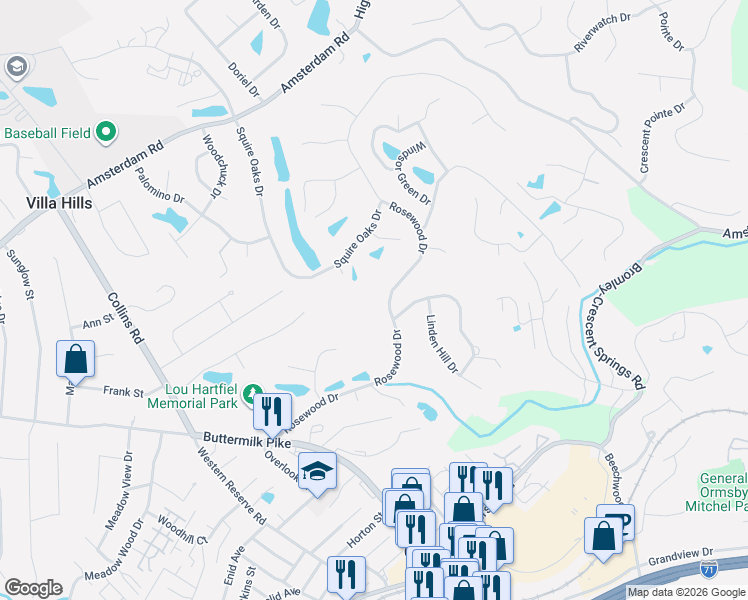 map of restaurants, bars, coffee shops, grocery stores, and more near 841 Rosewood Drive in Villa Hills