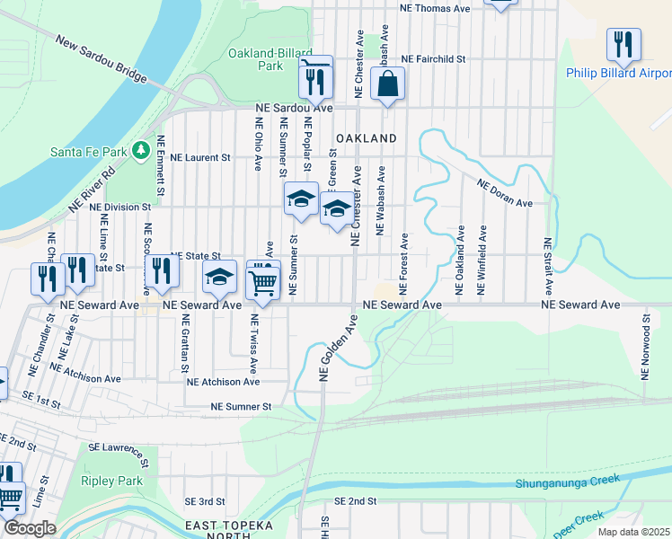 map of restaurants, bars, coffee shops, grocery stores, and more near 437 Northeast Green Street in Topeka