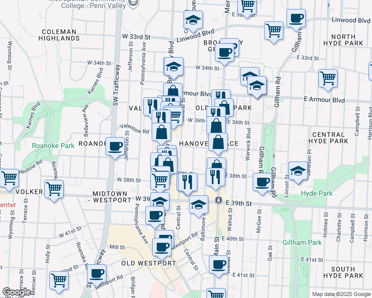 map of restaurants, bars, coffee shops, grocery stores, and more near 219 West 37th Street in Kansas City