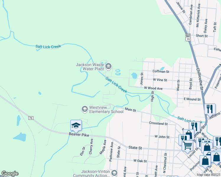 map of restaurants, bars, coffee shops, grocery stores, and more near 385 Dungan Street in Jackson