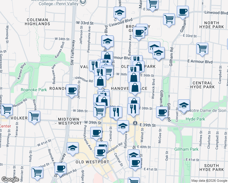 map of restaurants, bars, coffee shops, grocery stores, and more near 219 West 37th Street in Kansas City