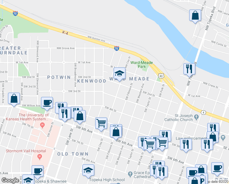 map of restaurants, bars, coffee shops, grocery stores, and more near 225 Southwest Clay Street in Topeka
