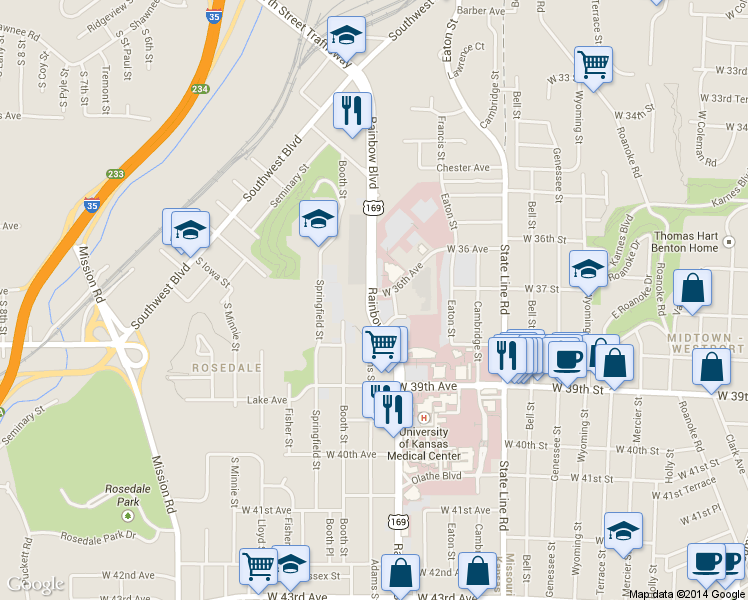 map of restaurants, bars, coffee shops, grocery stores, and more near 3699 Rainbow Boulevard in Kansas City