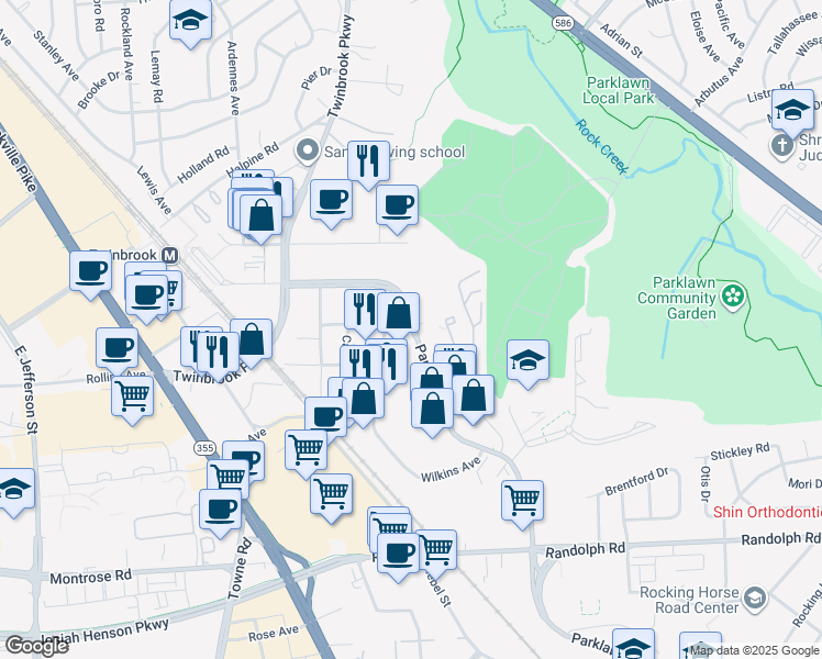 map of restaurants, bars, coffee shops, grocery stores, and more near 12358 Parklawn Drive in North Bethesda