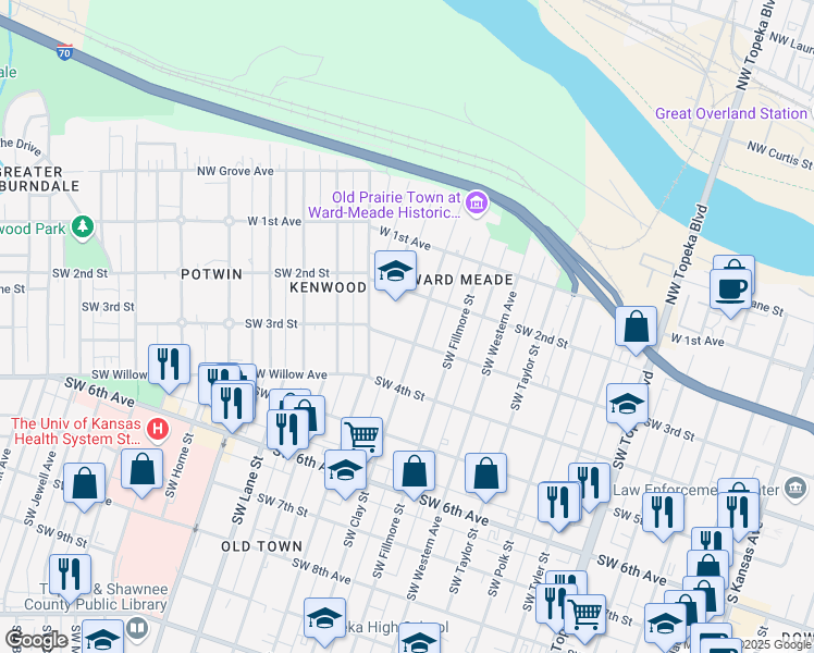 map of restaurants, bars, coffee shops, grocery stores, and more near 225 Southwest Clay Street in Topeka