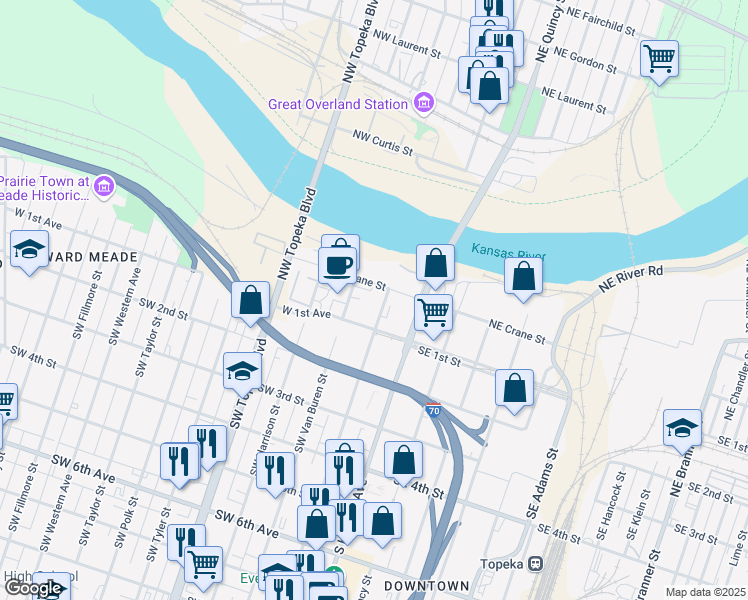 map of restaurants, bars, coffee shops, grocery stores, and more near 117 Northwest Jackson Street in Topeka