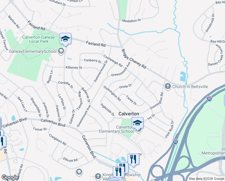 map of restaurants, bars, coffee shops, grocery stores, and more near 3206 Dunnington Road in Beltsville