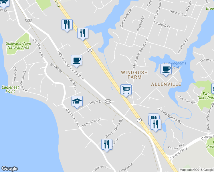map of restaurants, bars, coffee shops, grocery stores, and more near 32 Hoyle Lane in Severna Park