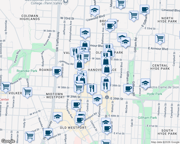 map of restaurants, bars, coffee shops, grocery stores, and more near 219 West 37th Street in Kansas City
