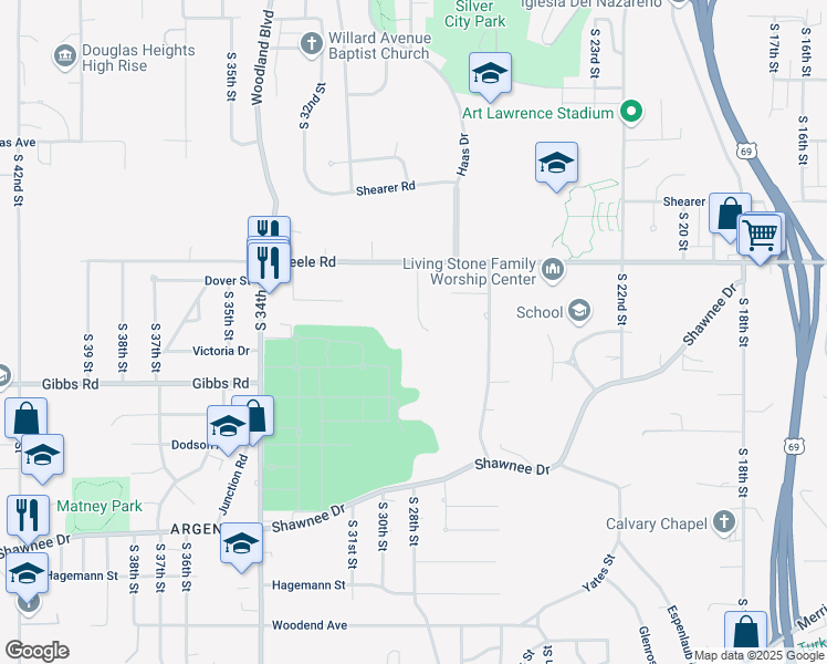 map of restaurants, bars, coffee shops, grocery stores, and more near 2220 South 29th Street in Kansas City