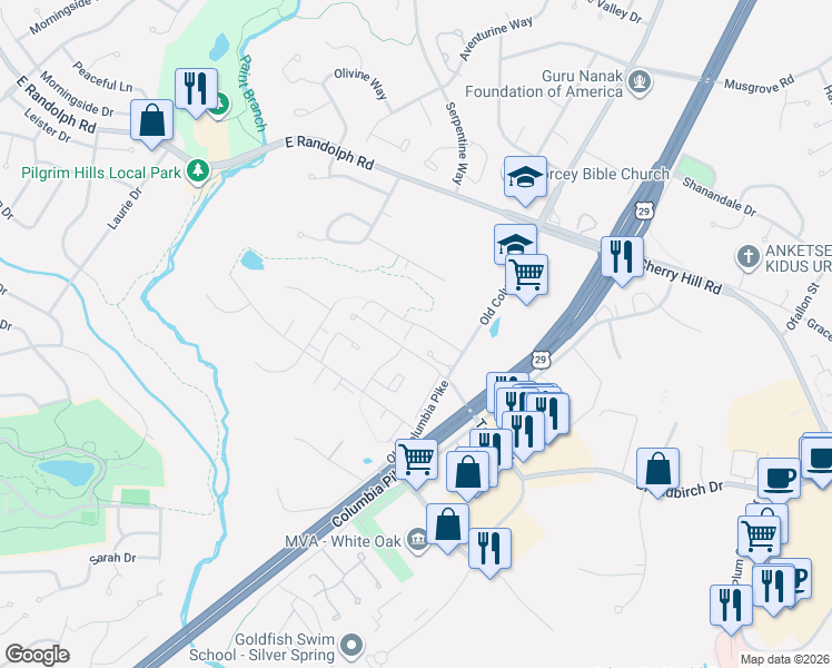 map of restaurants, bars, coffee shops, grocery stores, and more near 12411 Carters Grove Place in Silver Spring