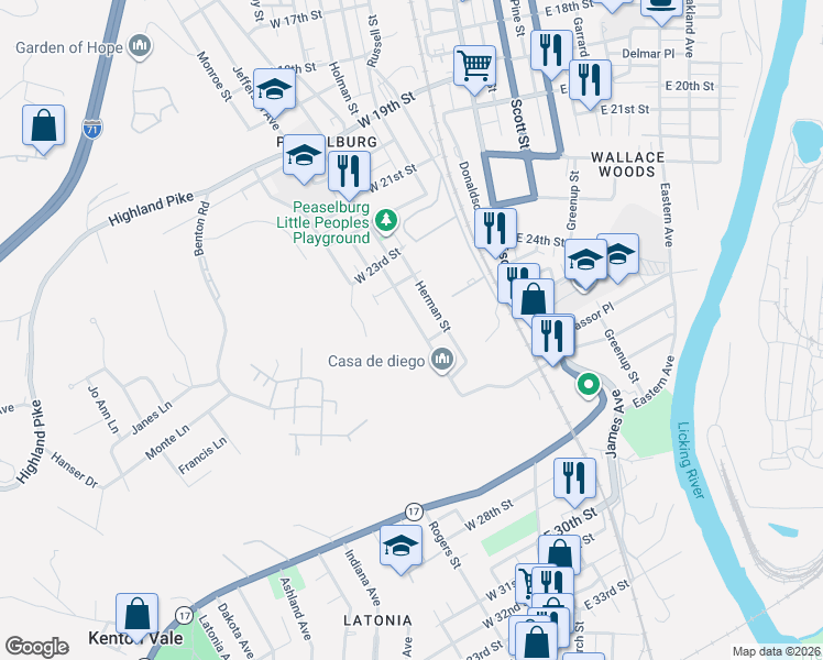 map of restaurants, bars, coffee shops, grocery stores, and more near 2430 Wood Street in Covington