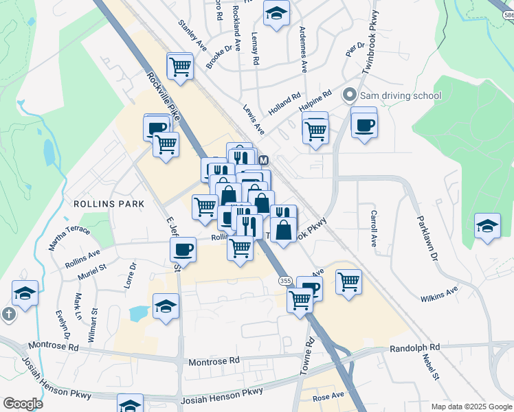 map of restaurants, bars, coffee shops, grocery stores, and more near 1800 Rockville Pike in Rockville