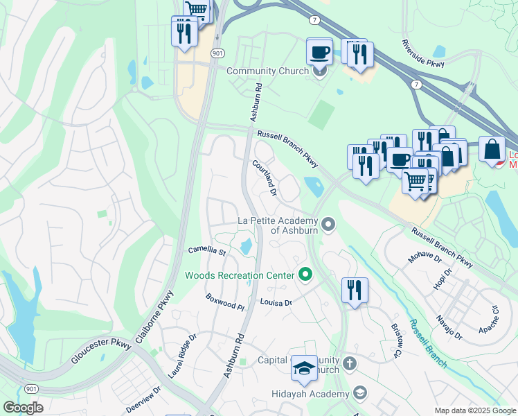 map of restaurants, bars, coffee shops, grocery stores, and more near 20095 Crew Square in Ashburn