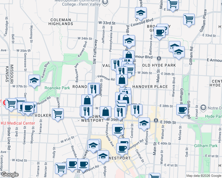 map of restaurants, bars, coffee shops, grocery stores, and more near 3632 Pennsylvania Avenue in Kansas City