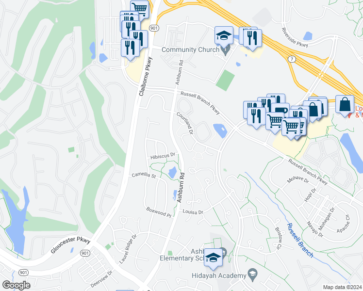 map of restaurants, bars, coffee shops, grocery stores, and more near 20095 Crew Square in Ashburn