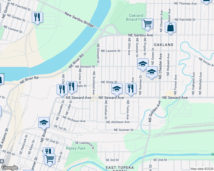 map of restaurants, bars, coffee shops, grocery stores, and more near 423 Northeast Grattan Street in Topeka