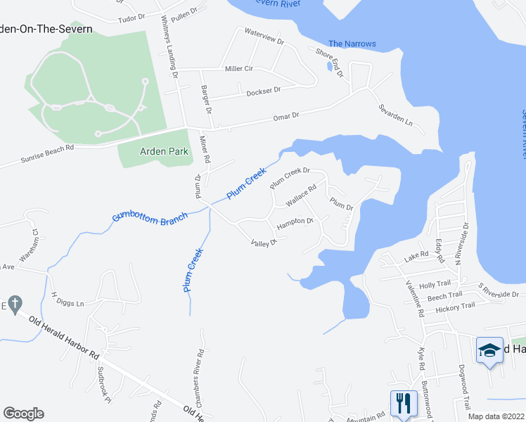 map of restaurants, bars, coffee shops, grocery stores, and more near 1070 Plum Creek Drive in Crownsville