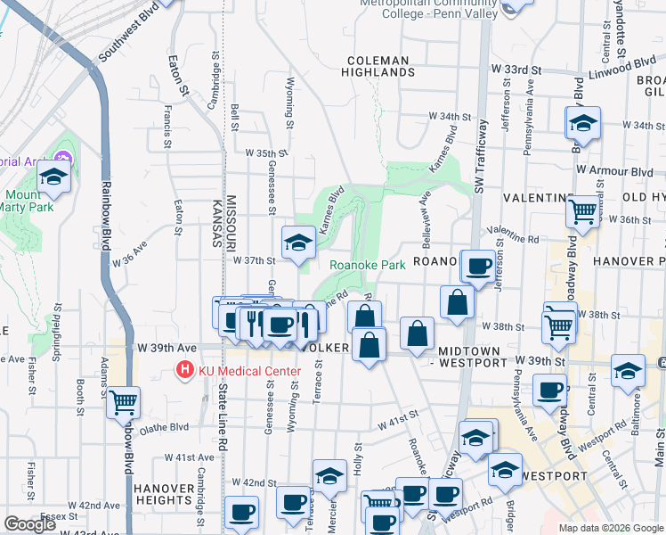 map of restaurants, bars, coffee shops, grocery stores, and more near 3716 East Roanoke Drive in Kansas City