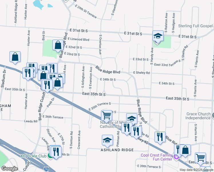 map of restaurants, bars, coffee shops, grocery stores, and more near 3408 South Home Avenue in Independence