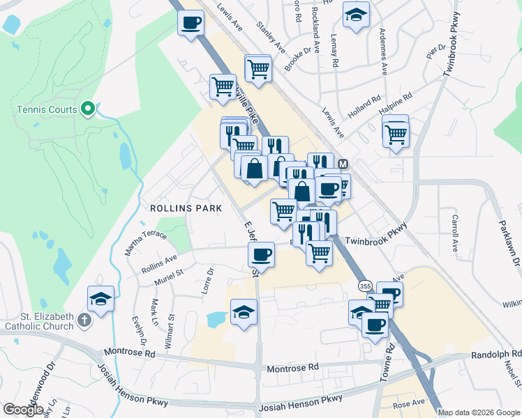map of restaurants, bars, coffee shops, grocery stores, and more near 198 Halpine Road in Rockville