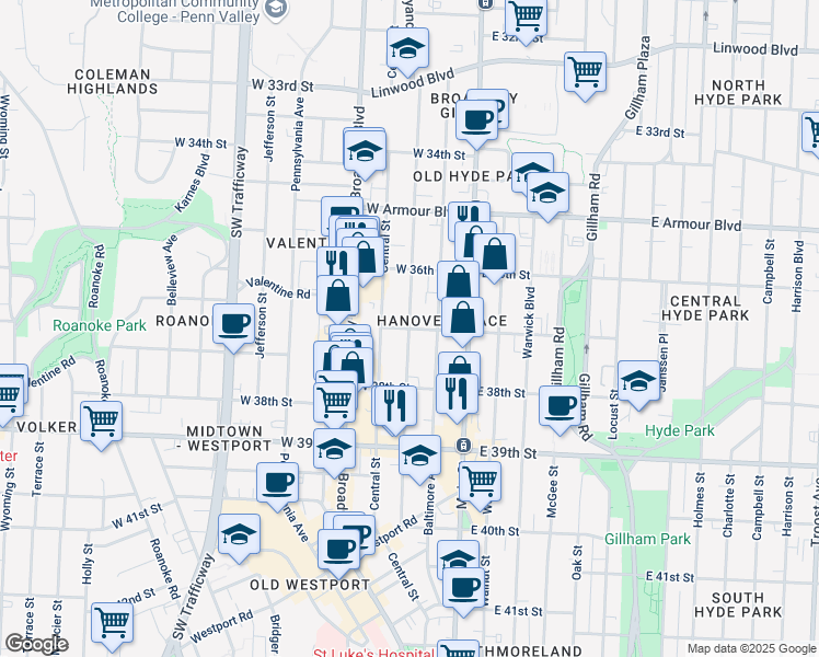 map of restaurants, bars, coffee shops, grocery stores, and more near Wyandotte St & W 37th St in Kansas City