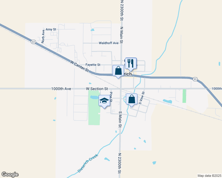 map of restaurants, bars, coffee shops, grocery stores, and more near 1000th Avenue in Dieterich