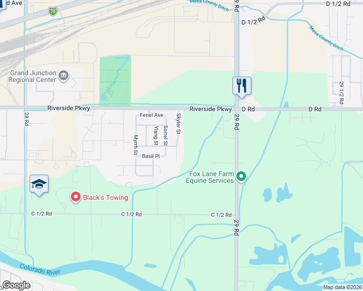 map of restaurants, bars, coffee shops, grocery stores, and more near 381 Skyler Street in Grand Junction